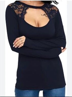 Lace Yoins Long Sleeve Scoop Neck Top - Black